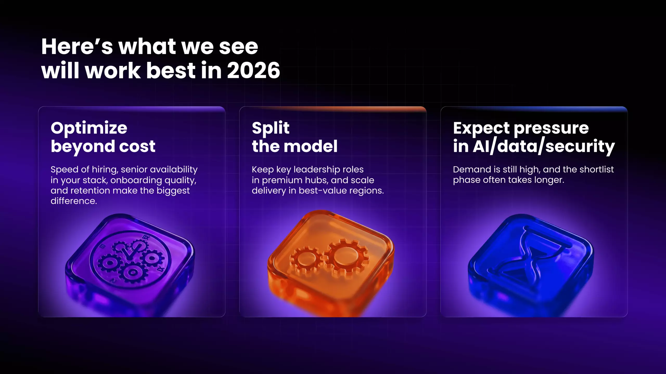 Infographic outlining 2026 workforce strategies: splitting models between premium hubs and delivery regions, optimizing for hiring speed and retention, and managing high demand in AI, data, and security.