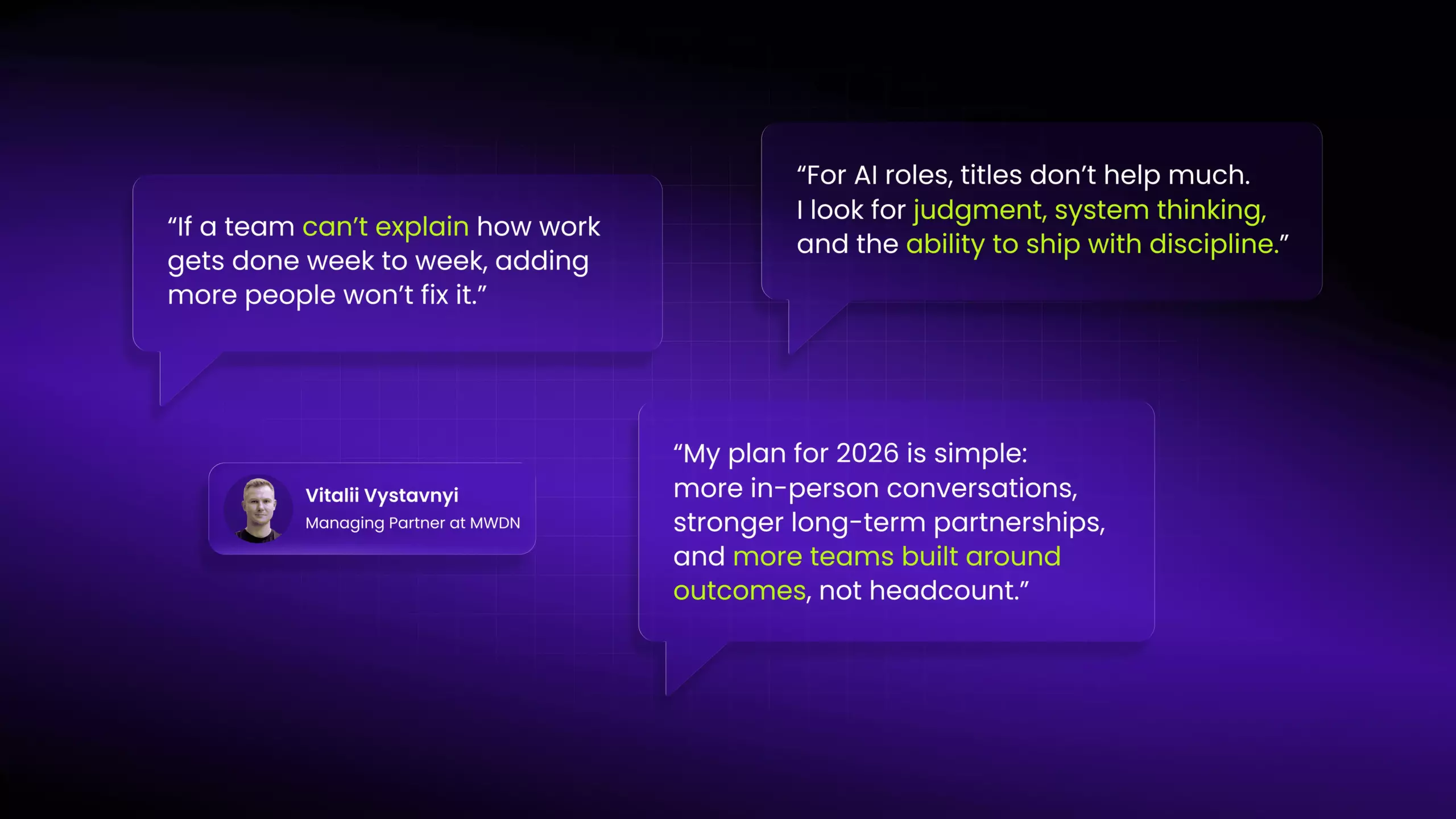 Vitalii Vystavnyi's 2026 plan: key quotes on team outcomes, AI hiring criteria, and operational efficiency.
