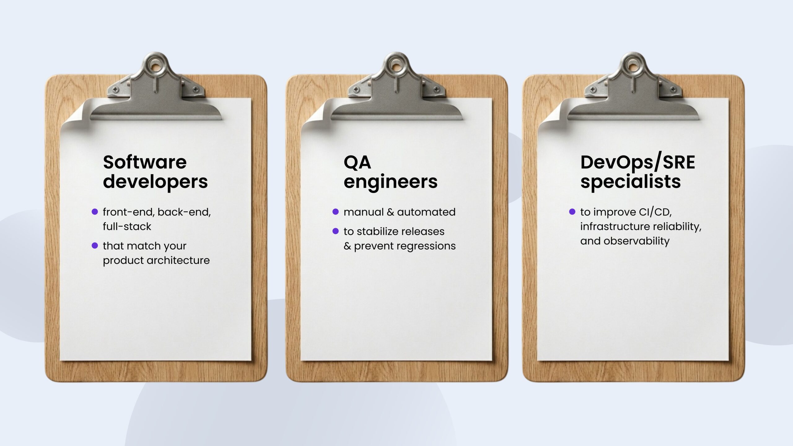 Software developers • front-end, back-end, full-stack • that match your product architecture QA engineers • manual & automated • to stabilize releases & prevent regressions DevOps/SRE specialists • to improve CI/CD, infrastructure reliability, and observability