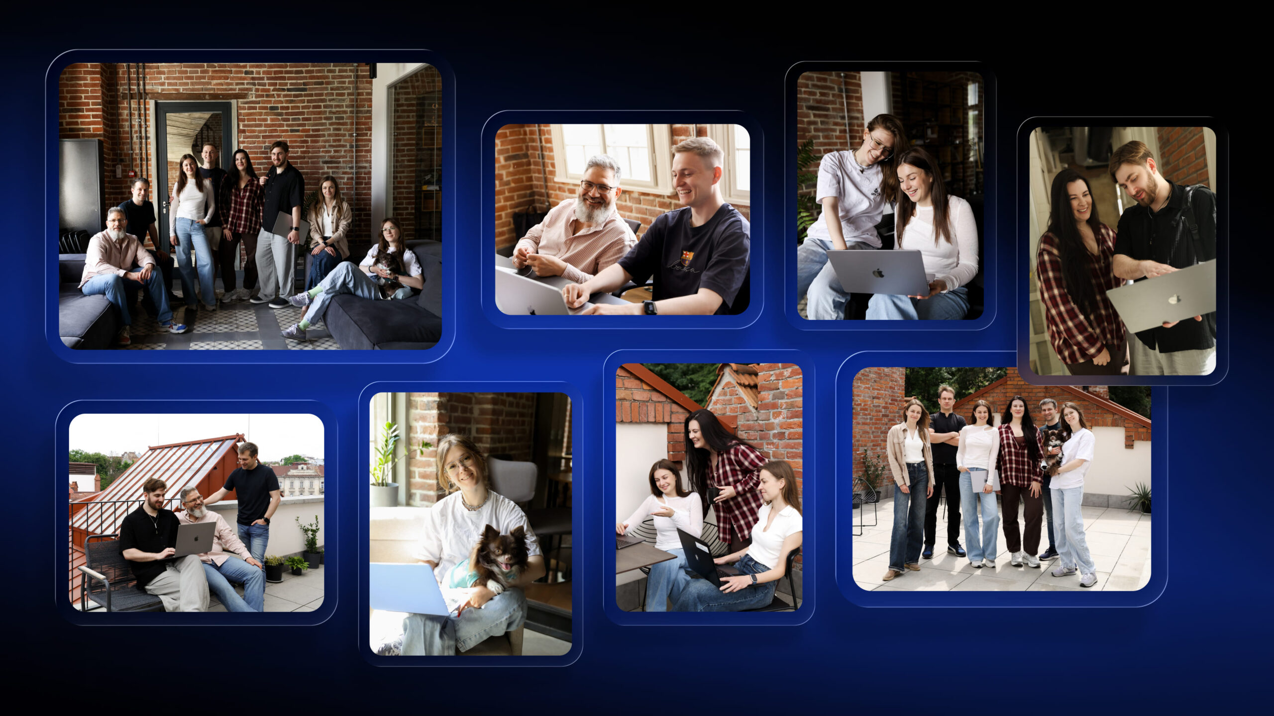 A photo collage showcasing a staff augmentation company's dedicated engineering and management team during an in-person meetup, working together on laptops and collaborating in a modern, vibrant workspace