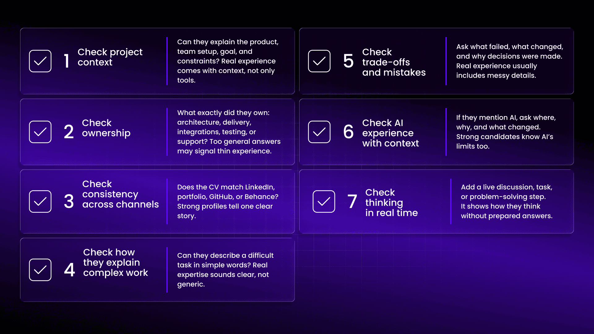 Seven-step candidate screening process used to identify genuine skills, experience, and expertise during recruitment.
